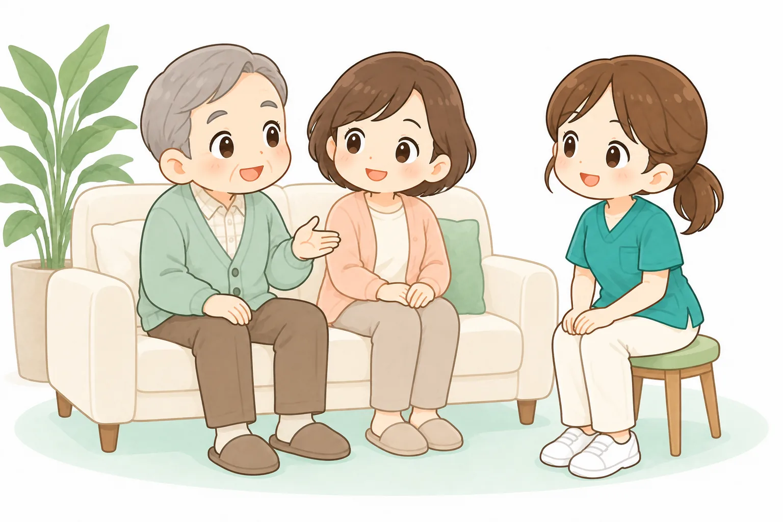 利用者と家族に目線を合わせ、自宅で話を聴く訪問看護師