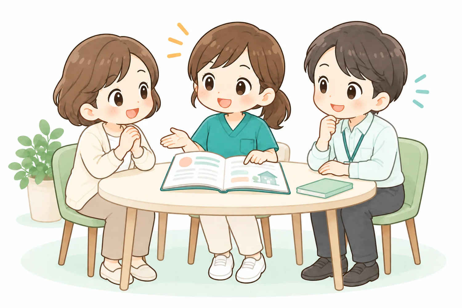 看護師が家族と支援者へ医療・介護情報を説明するイラスト